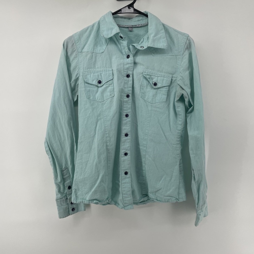 Cinch Shirt Womens S Mint Green Metallic Pinstripe Western Snap Button Down